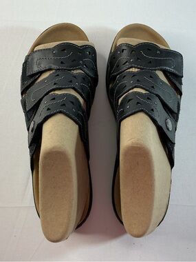 Clarks Black Three-Strap Slide Sandals with Cutout Detail